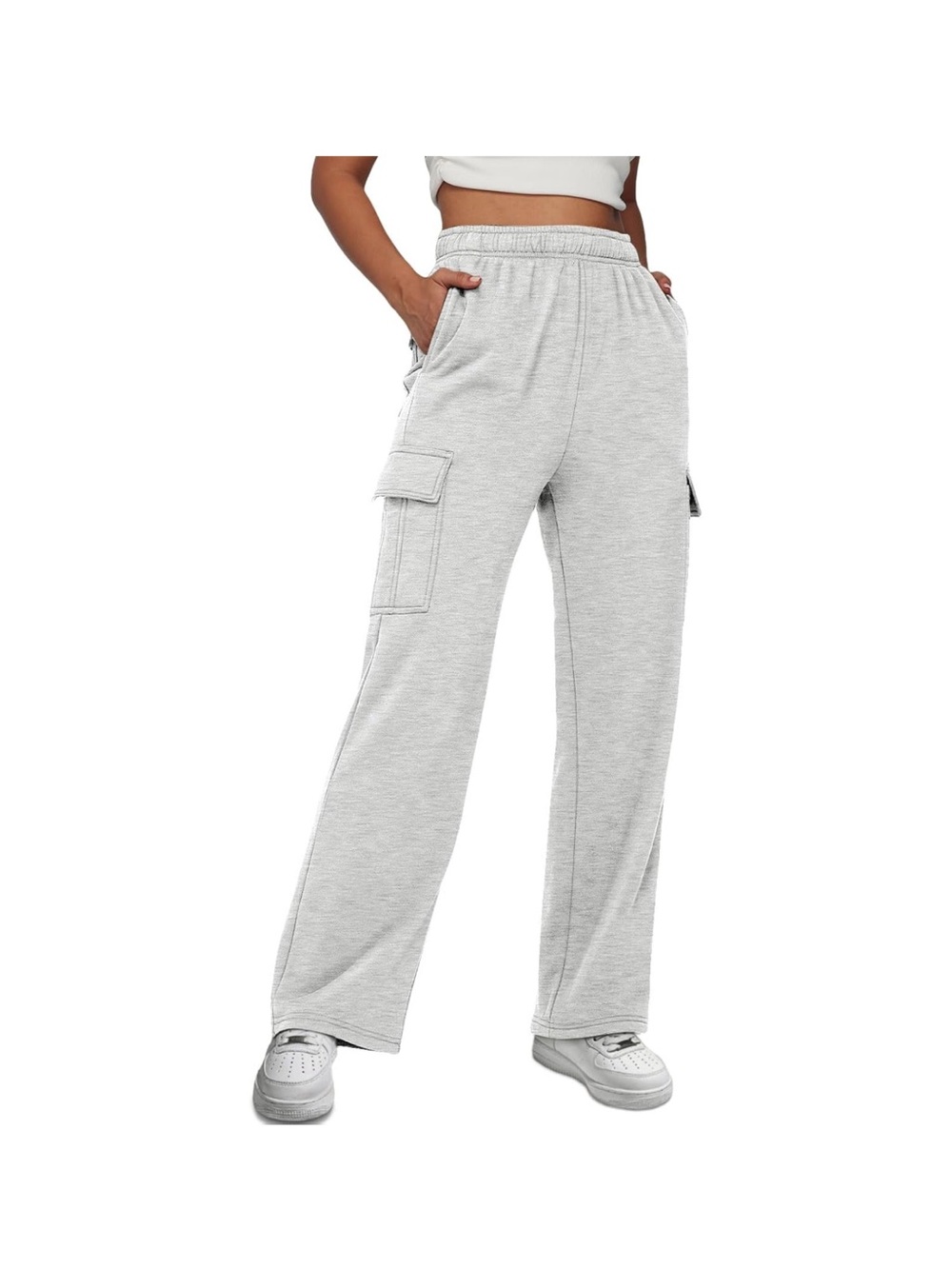 Women's Light Gray Cargo Wide-Leg Sweatpants